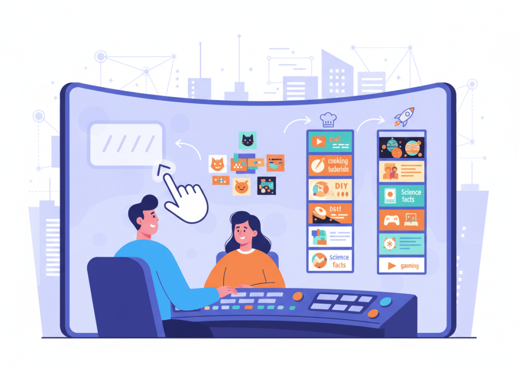 Wordless comic showing a viewer steering and reorganizing video recommendation feeds with a prompt-like control panel.