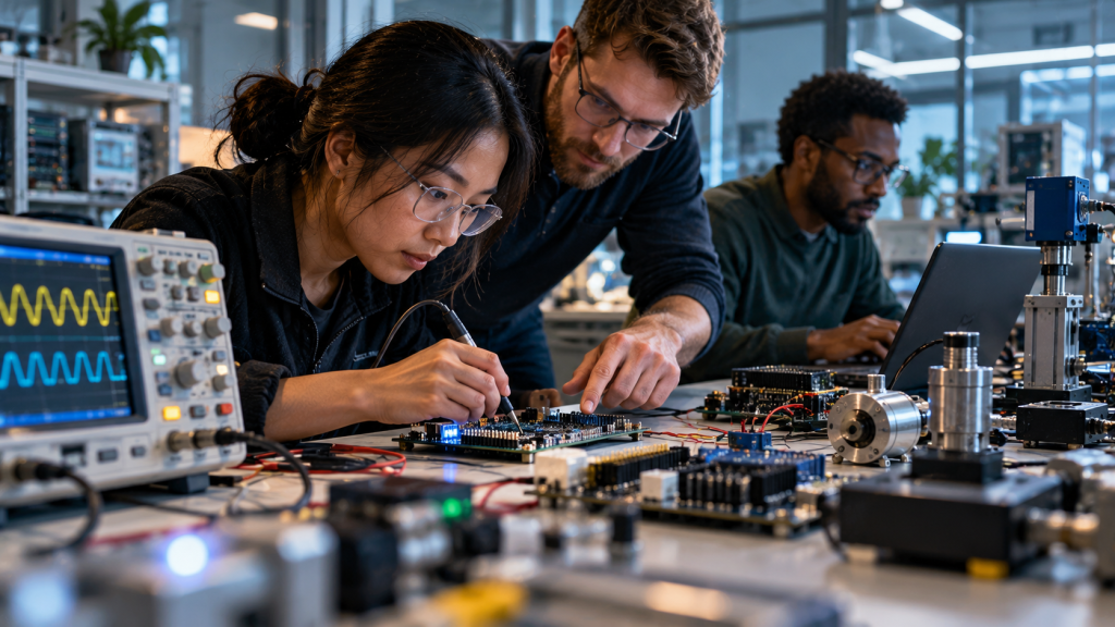 Engineers test microcontroller circuit boards in an embedded systems laboratory