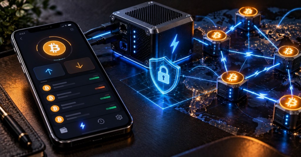 Bitcoin Lightning wallet on a smartphone beside a secured Lightning node and connected payment network.