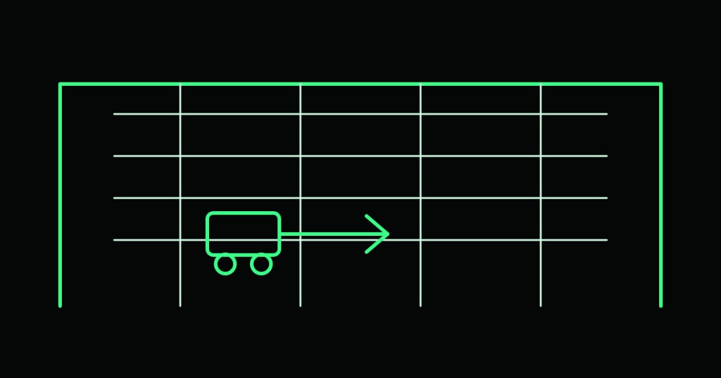Wordless technical illustration of tall automated pallet racks, four-way shuttle robots and high-speed lifts.