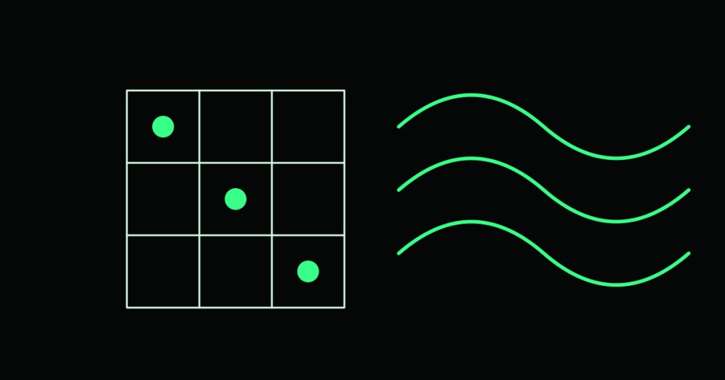 Wordless technical illustration of trapped-ion qubits controlled by microwave fields on a quantum chip.